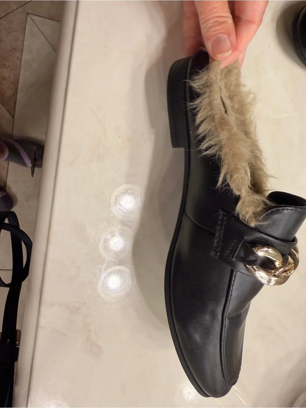 Matisse Black Faux Fur-Lined Slip-On Loafers with Gold Chain